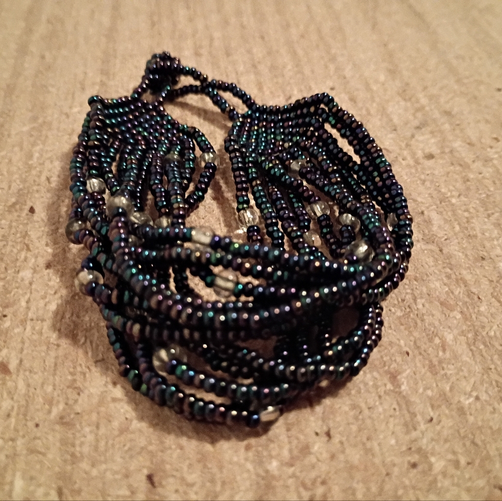 Native American Beaded Fringe Multi-Strand Bracelet - Iridescent Blue Black